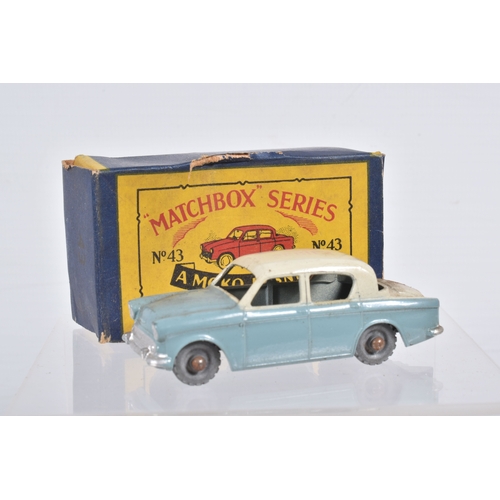 77 - SEVEN BOXED MOKO LESNEY MATCHBOX SERIES BRITISH CARS, Ford Anglia, No.7, grey plastic wheels, Austin... 