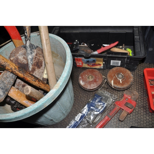 1083 - THREE PLASTIC TOOLBOXES AND A BUCKET CONTAINING TOOLS including shoulder and hand braces, hammers, p... 