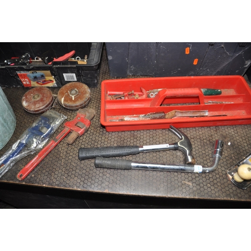 1083 - THREE PLASTIC TOOLBOXES AND A BUCKET CONTAINING TOOLS including shoulder and hand braces, hammers, p... 