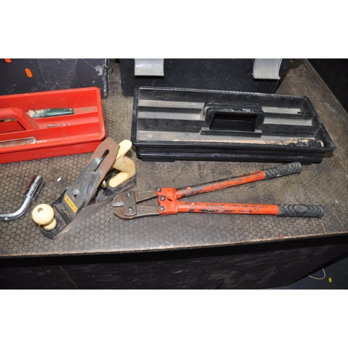 1083 - THREE PLASTIC TOOLBOXES AND A BUCKET CONTAINING TOOLS including shoulder and hand braces, hammers, p... 