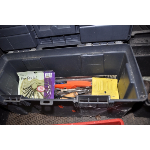 1083 - THREE PLASTIC TOOLBOXES AND A BUCKET CONTAINING TOOLS including shoulder and hand braces, hammers, p... 