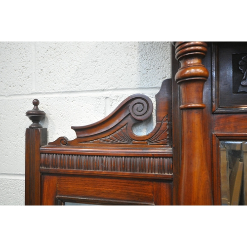 1332 - AN EDWARDIAN MAHOGANY MIRROR BACK SIDEBOARD, the top with three bevelled mirror plates, scrolled and... 