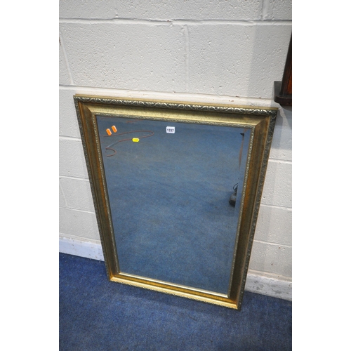 1337 - A RECTANGULAR GILT FRAME BEVELLED EDGE WALL MIRROR, 106cm x 76cm, two wall clocks, two child's chair... 