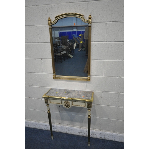 1340 - A FRENCH STYLE CREAM AND GILT CONSOLE TABLE, with a reflective insert, foliate decoration, on cylind... 