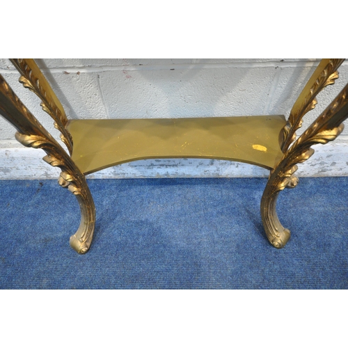 1341 - AN ITALIAN STYLE GILT CONSOLE TABLE, with shaped top, scrolled and foliate decoration, on cabriole s... 