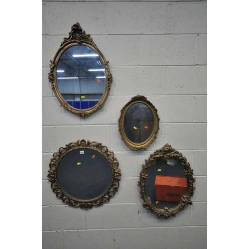 1351 - FOUR VARIOUS GILT WALL MIRRORS, two include a circular bevelled edge wall mirror, with foliate detai... 