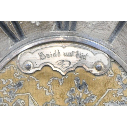 1353 - A WARMINK WUBA STYLE DUTCH WALL CLOCK, the arched top with three finials, above scrolled details, th... 