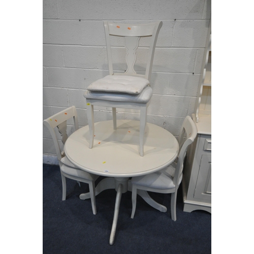 1354 - A MODERN WHITE CIRCULAR PEDESTAL DINING TABLE, diameter 101cm x height 78cm, three chairs, along wit... 