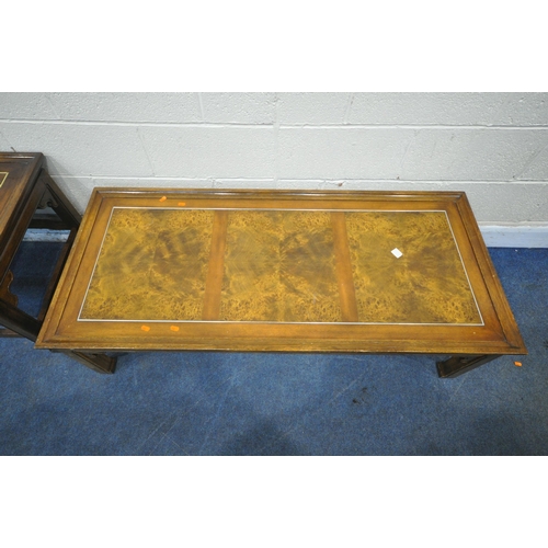 1355 - A 20TH CENTURY RECTANGULAR COFFEE TABLE, made from an assortment of timbers, length 137cm x depth 61... 