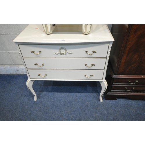 1356 - A WHITE FRENCH CHEST OF THREE DRAWERS, on cabriole legs, width 79cm x depth 49cm x height 78cm, a mi... 