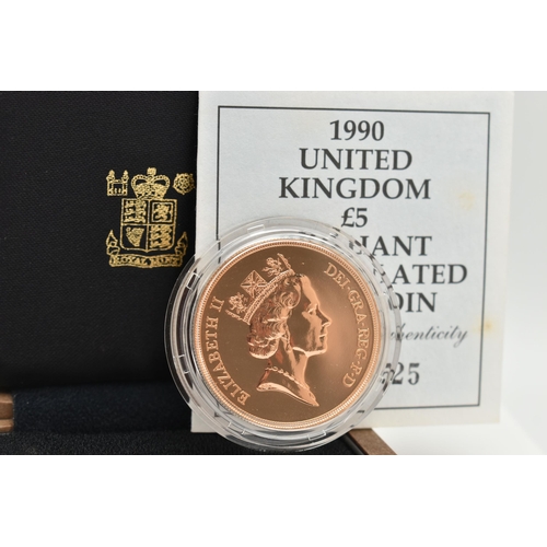 1 - A ROYAL MINT 1990 UK BRILLIANT UNCIRCULATED GOLD FIVE POUNDS COIN, 22ct gold, 39.94 grams, 36.02mm d... 