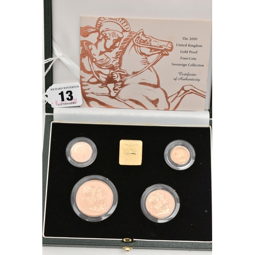 13 - A ROYAL MINT 2000 GOLD PROOF FOUR COIN COLLECTION, including Five pound coin, 39.94 grams, Two pound... 