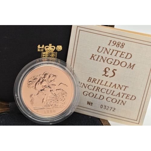 15 - A UK BRILLIANT UNCIRCULATED £5 GOLD COIN 1988, struck in 22ct gold, 39.94 grams, 36.02mm diameter, i... 