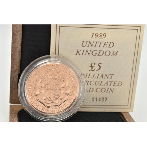 16 - A UK BRILLIANT UNCIRCULATED £5 GOLD COIN 1989, struck in 22ct gold, 39.94 grams, 36.02mm diameter, i... 