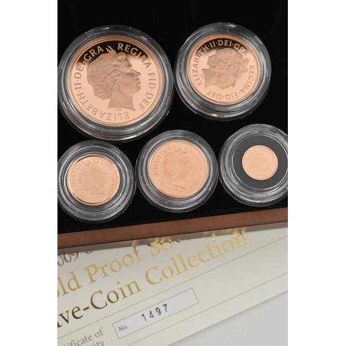 18 - A 2009 ROYAL MINT GOLD PROOF FIVE-COIN COLLECTION, to include Gold Proof £5, Double Sovereign, Sover... 