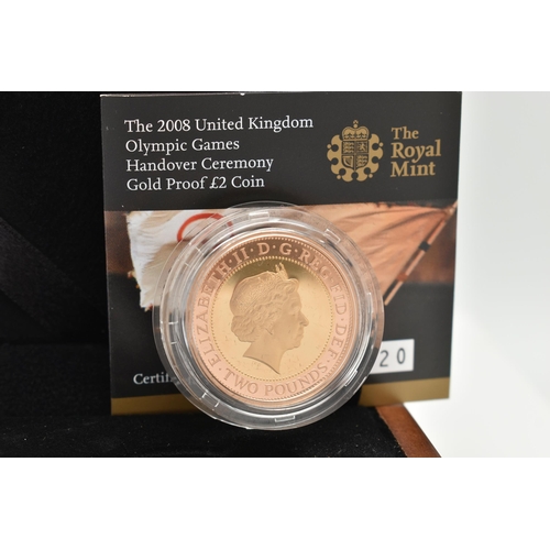 2 - A ROYAL MINT 2008 OLYMPIC GAMES HANDOVER TWO POUNDS GOLD PROOF COIN, .915 fine, 15.98 grams,  28.4mm... 