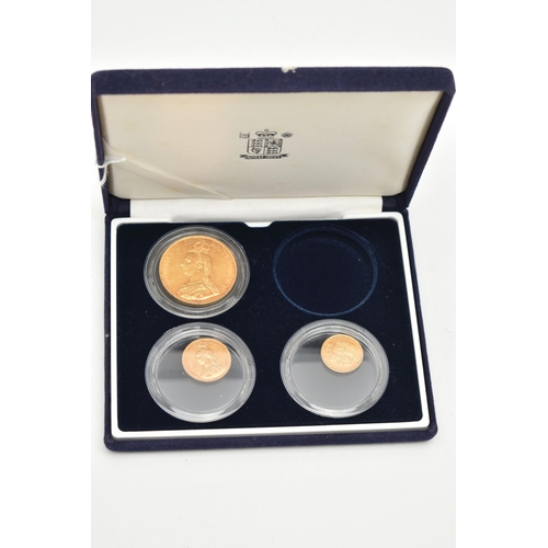 24 - A ROYAL MINT BOX CONTAINING 3X GOLD COINS, to include an 1887 £5, 22ct gold, 39.94 grams, 36.02mm di... 