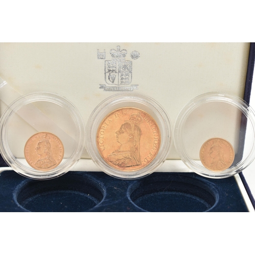 24 - A ROYAL MINT BOX CONTAINING 3X GOLD COINS, to include an 1887 £5, 22ct gold, 39.94 grams, 36.02mm di... 