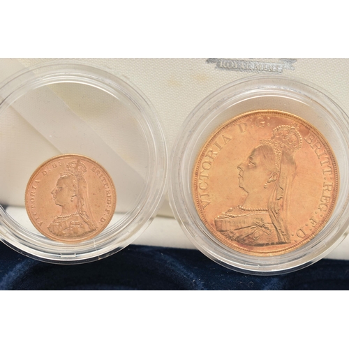 24 - A ROYAL MINT BOX CONTAINING 3X GOLD COINS, to include an 1887 £5, 22ct gold, 39.94 grams, 36.02mm di... 