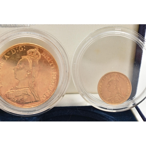 24 - A ROYAL MINT BOX CONTAINING 3X GOLD COINS, to include an 1887 £5, 22ct gold, 39.94 grams, 36.02mm di... 