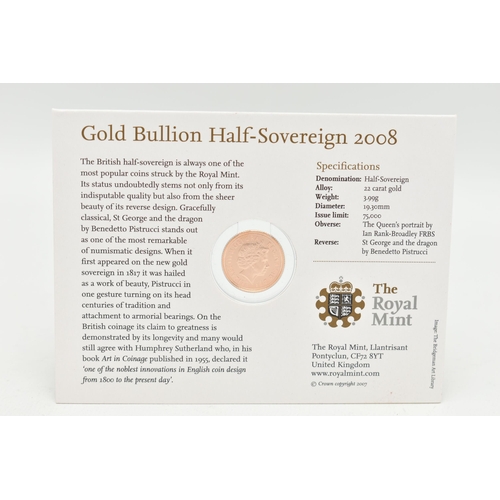 25 - A CARDED GOLD BULLION HALF SOVEREIGN COIN 2008, in a sealed bubble, 22ct gold, 3.99 grams, 19.30mm d... 