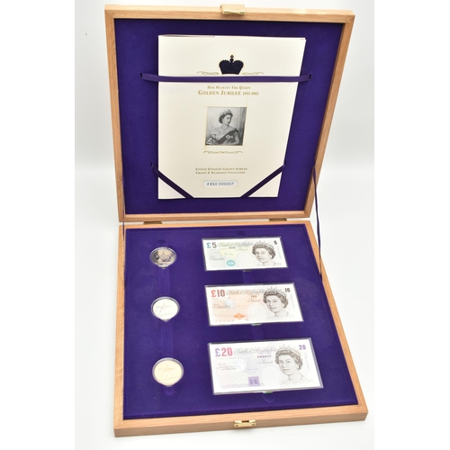 33 - HER MAJESTY'S GOLDEN JUBILEE CROWN AND BANKNOTE CASED COLLECTION, to include Five, Ten and Twenty Po... 