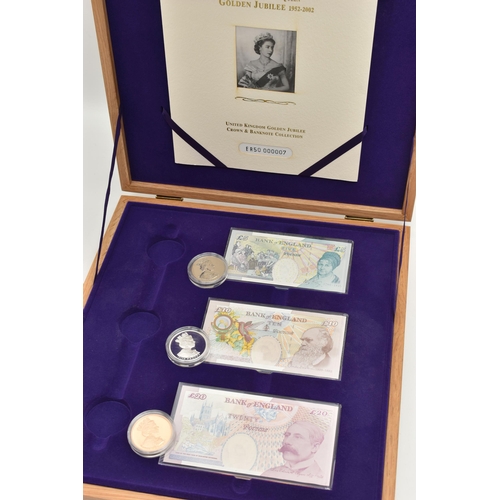 33 - HER MAJESTY'S GOLDEN JUBILEE CROWN AND BANKNOTE CASED COLLECTION, to include Five, Ten and Twenty Po... 