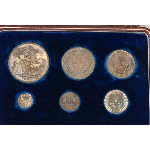 37 - AN ENGLISH CASED 1893 PROOF SET OF COINS, comprising of Crown LV1, Half-crown, Florin, Shilling, Six... 