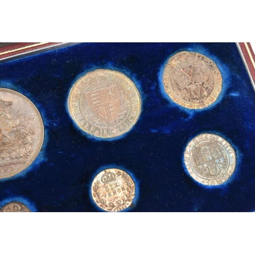 37 - AN ENGLISH CASED 1893 PROOF SET OF COINS, comprising of Crown LV1, Half-crown, Florin, Shilling, Six... 