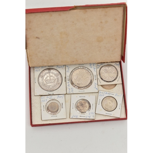 38 - A 1927 SET OF PROOF COINS, to include wreath Crown, Half-crown, Florin, Shilling, Sixpence, Three pe... 