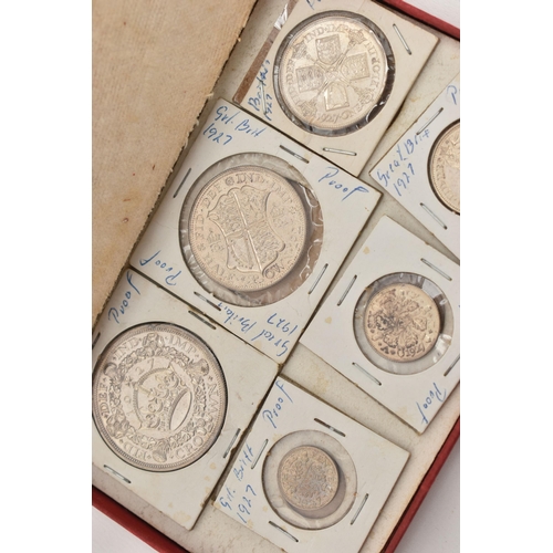 38 - A 1927 SET OF PROOF COINS, to include wreath Crown, Half-crown, Florin, Shilling, Sixpence, Three pe... 