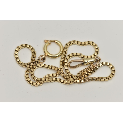 42 - A YELLOW METAL BOX LINK CHAIN, with lobster claw clasp to one terminal and spring release clasp to t... 