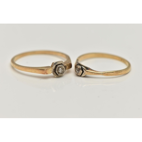 46 - TWO DIAMOND RINGS, both set with single cut diamonds, with outer hexagonal settings, one stamped 585... 