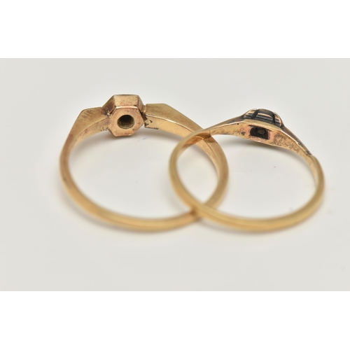 46 - TWO DIAMOND RINGS, both set with single cut diamonds, with outer hexagonal settings, one stamped 585... 