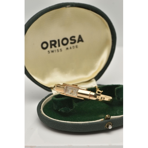 48 - A LADY'S ORIOSA WRISTWATCH, strap designed as a hinged bangle with central safety chain with spring ... 