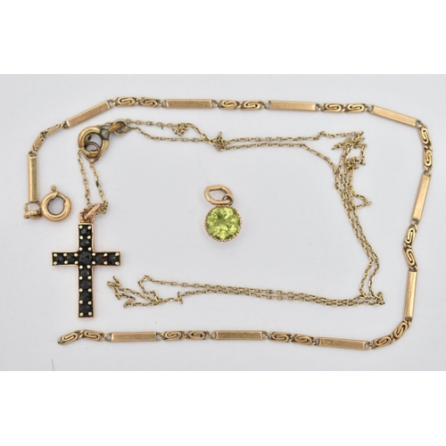 50 - THREE ITEMS OF JEWELLERY, to include a yellow metal, gem set cross pendant suspended from a fine bel... 