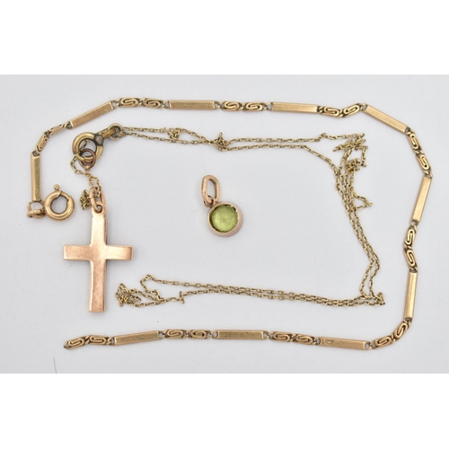 50 - THREE ITEMS OF JEWELLERY, to include a yellow metal, gem set cross pendant suspended from a fine bel... 