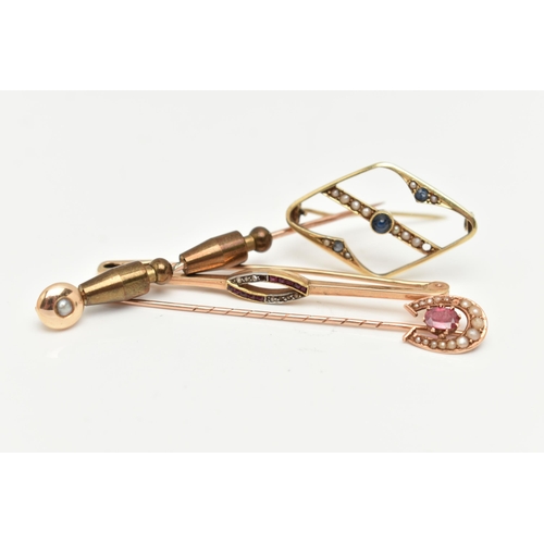 52 - TWO BROOCHES AND TWO STICKPINS, to include an openwork diamond shape brooch set with a central sapph... 