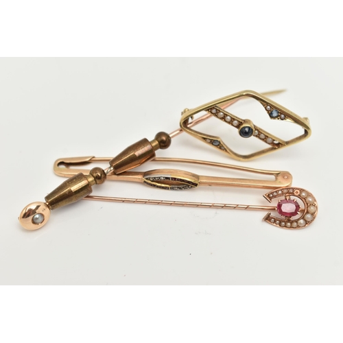 52 - TWO BROOCHES AND TWO STICKPINS, to include an openwork diamond shape brooch set with a central sapph... 