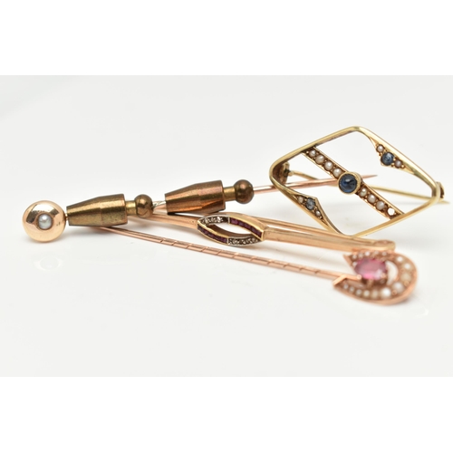 52 - TWO BROOCHES AND TWO STICKPINS, to include an openwork diamond shape brooch set with a central sapph... 