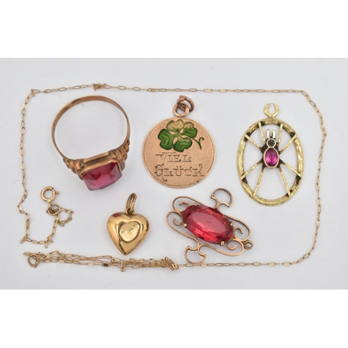 54 - A SELECTION OF JEWELLERY, to include a synthetic ruby ring, ring size P, stamped 585, approximate gr... 