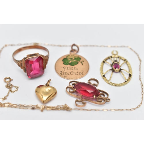 54 - A SELECTION OF JEWELLERY, to include a synthetic ruby ring, ring size P, stamped 585, approximate gr... 