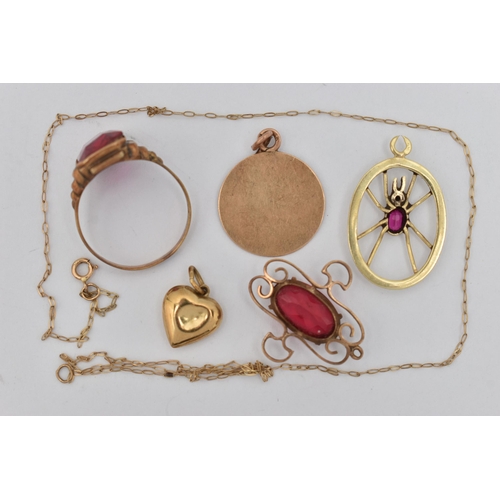 54 - A SELECTION OF JEWELLERY, to include a synthetic ruby ring, ring size P, stamped 585, approximate gr... 