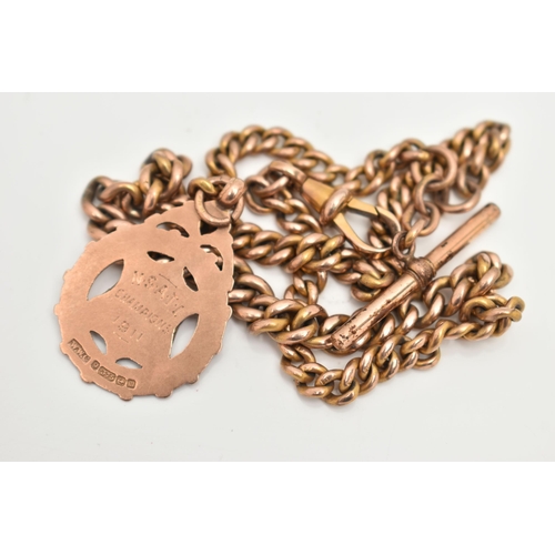 57 - A ROSE METAL ALBERT CHAIN AND FOB MEDAL, graduated curb link chain, each link stamped 9ct, fitted wi... 