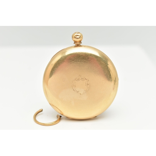 58 - A MID VICTORIAN, 18CT GOLD OPEN FACE POCKET WATCH, key wound, round floral detailed gold dial, Roman... 