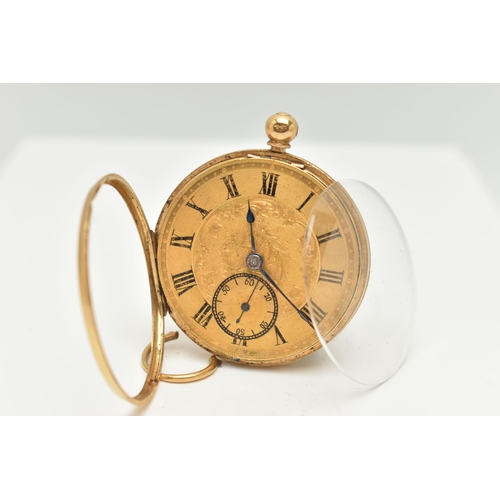 58 - A MID VICTORIAN, 18CT GOLD OPEN FACE POCKET WATCH, key wound, round floral detailed gold dial, Roman... 