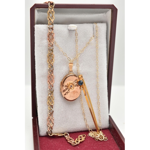 59 - THREE PIECES OF JEWELLERY, to include a 9ct gold oval locket pendant, decorated with a floral patter... 