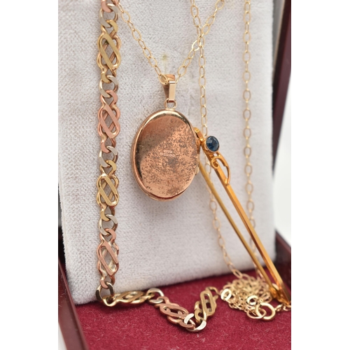 59 - THREE PIECES OF JEWELLERY, to include a 9ct gold oval locket pendant, decorated with a floral patter... 