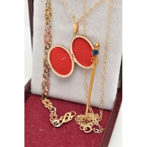 59 - THREE PIECES OF JEWELLERY, to include a 9ct gold oval locket pendant, decorated with a floral patter... 