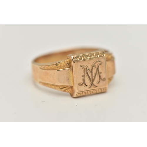 61 - A GENTS 9CT GOLD SIGNET RING, engraved square signet with Greek key pattern, foliate pattern to the ... 